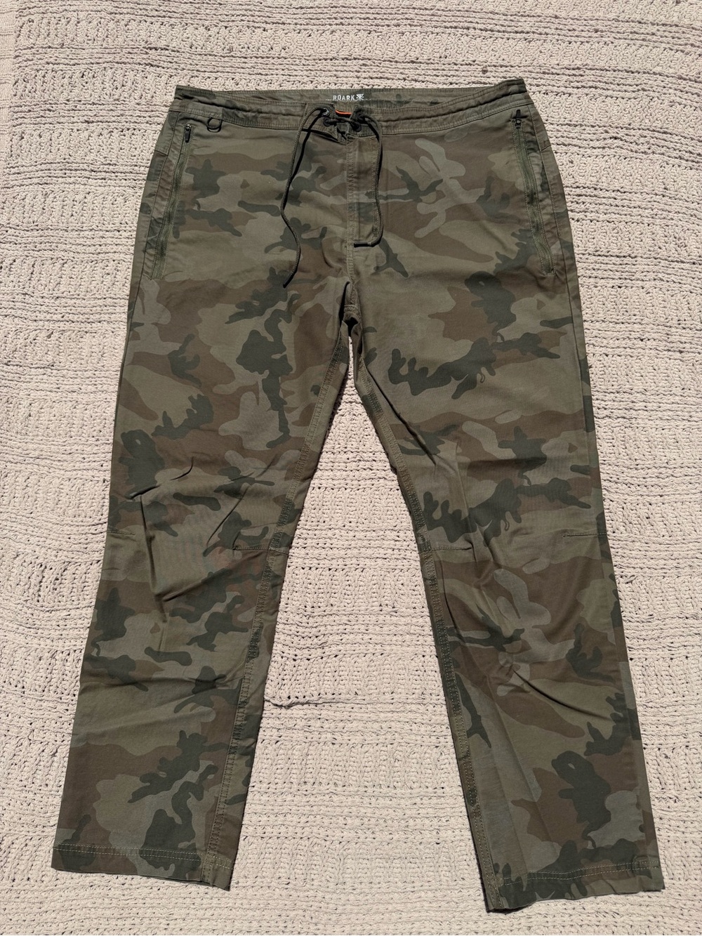 Roark Men's Olive Camo Layover Traveler Drawstring Pants with Zipper Pockets